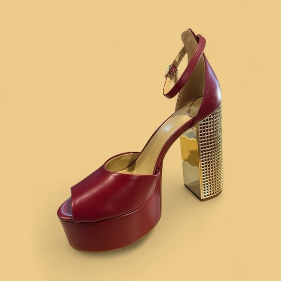 Michael Kors Maxine Platform Sandals Deep Red Leather Gold Block Heel Size 9M - Picture 5 of 12